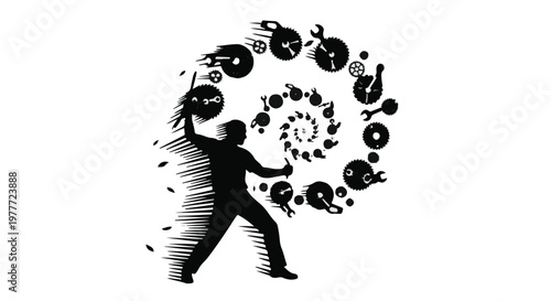 man controlling swirling clock faces and symbols