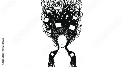 black and white illustration of woman with chaotic thoughts