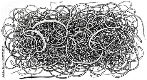 Abstract chaotic tangle of black and white lines, intricate knot, complex design