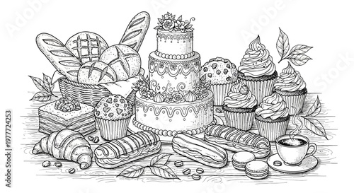 Assorted Baked Goods and Cake: Croissants, Eclairs, Cupcakes, Bread, Coffee