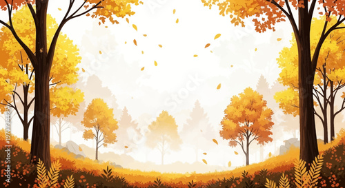 Autumn forest landscape with falling leaves and golden trees in soft light