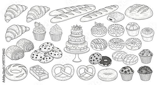Assortment of Baked Goods: Croissants, Baguettes, Cake, Donuts, Muffins, Cookies, Pretzels