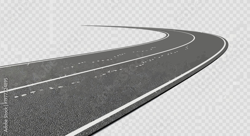 Curving Asphalt Road with White Lines on Transparent Background