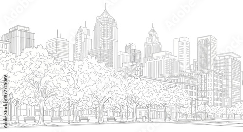 Cityscape park with trees and benches against a backdrop of modern skyscrapers