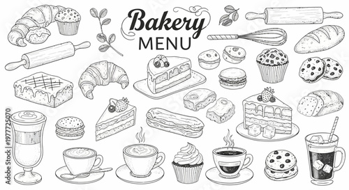 Bakery Menu Hand-Drawn Sketch: Croissants, Cakes, Coffee, Pastries, Bread