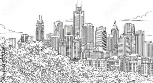 Detailed Black and White Sketch of a Lush Tree Canopy in Front of a Bustling City Skyline