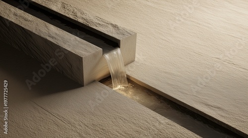 Minimal carved stone channel with flowing water in soft lighting  
