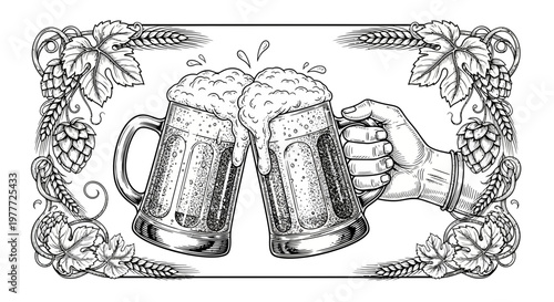 Cheers! Two Beer Mugs Clinking in a Toast with Hops and Barley Frame