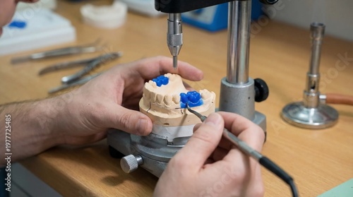 Dental technician working on a prosthetic model in a dental laboratory.