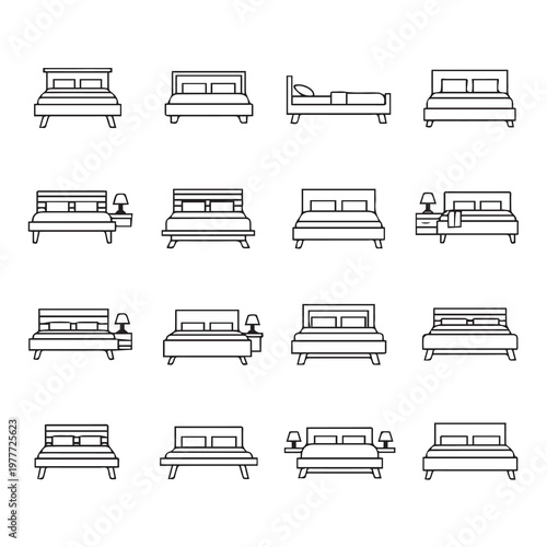 Assorted bed designs with nightstands in a clean line art style