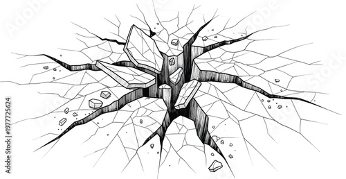 Hand drawn black and white ink sketch of a deep ground crack featuring shattered rock fragments and earthquake destruction for geological disaster and damage concepts.