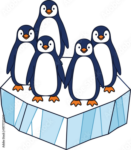 Flat vector illustration of cute penguin group standing on floating iceberg in arctic ocean for wildlife conservation environmental awareness and winter climate change concepts.