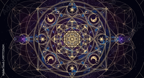 Cosmic Mandala Sacred Geometry Celestial Stars Moon Crescent Galaxy