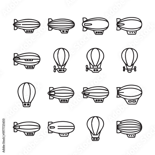 Airship and hot air balloon icons in a clean line art style for aviation themes
