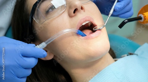 Young woman undergoing professional dental treatment in a modern clinic.