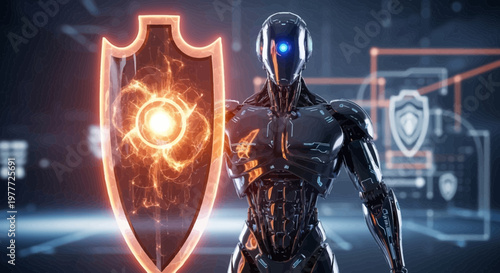 Cybernetic Guardian Robot with Energy Shield Protecting Digital Network