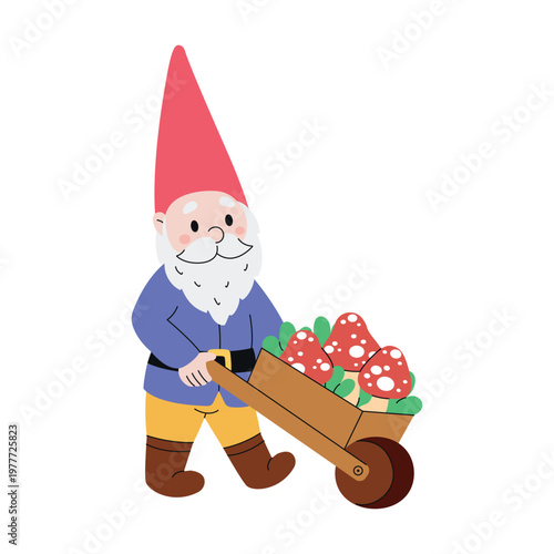 Funny cartoon garden gnome pushing a cart full of toadstools. Hand-drawn. Vector illustration, isolated on a white background.