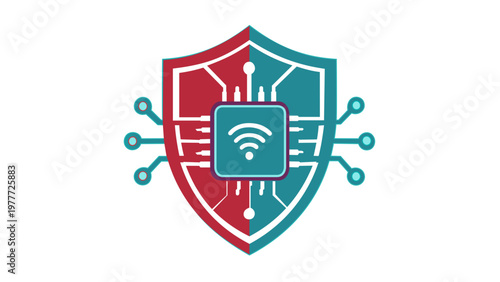 Vector illustration of a digital security shield featuring a central microchip with a Wi-Fi symbol and circuit board lines, representing wireless network protection and blockchain security.