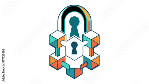 Vector icon illustration of a digital asset security lock with blockchain cubes, representing decentralized data protection, cryptocurrency safety, and secure network encryption technology.