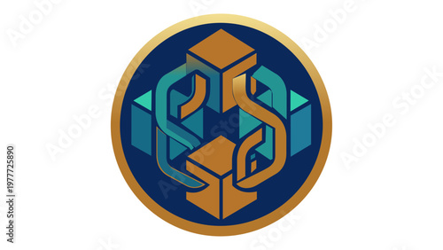 Premium blockchain vector icon illustration featuring 3D isometric cubes and interlocking chain links in gold and teal gradients. Professional logo for cryptocurrency and decentralized apps.