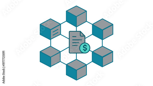 Scalable vector icon illustration of cryptocurrency mining and blockchain technology featuring a central digital document with a dollar sign coin surrounded by a network of interconnected 3D blocks.