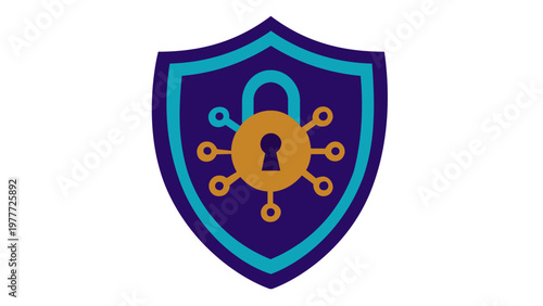 Smart contract vector icon illustration with a shield and digital padlock featuring circuit nodes, representing blockchain security, data protection, and decentralized technology.