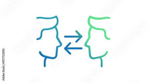 Peer to peer vector icon illustration for blockchain apps. Minimalist line art showing two human profiles with exchange arrows in blue green gradient. Scalable flat design. AI-generated graphic.