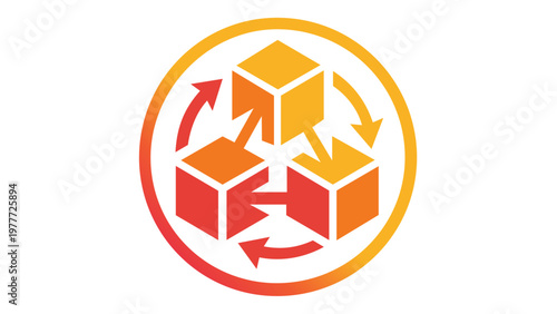 Vibrant Blockchain Smart Contract Vector Icon Illustration with Interconnected 3D Cubes and Circular Arrows in a Red and Orange Gradient, Representing Decentralized Data Networks and Technology.
