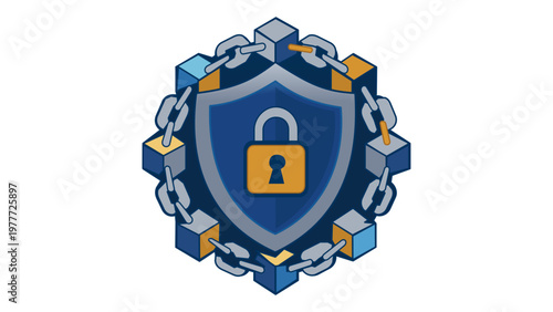 Blockchain security vector icon illustration with a blue shield and gold padlock surrounded by a chain of digital data blocks, representing decentralized encryption and asset protection.