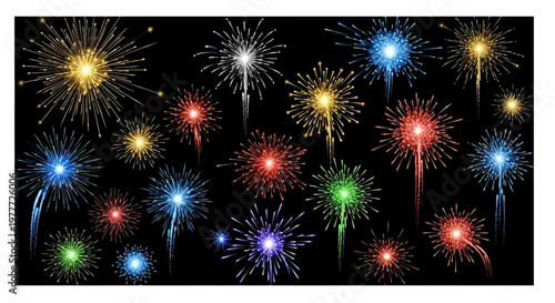 Colorful Fireworks Explosions on Black Background - Festive Celebration Display