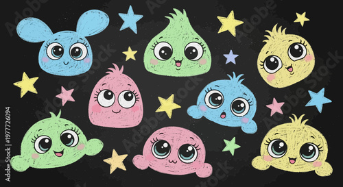 Cute cartoon monsters, stars, chalk background, kids design, colorful characters