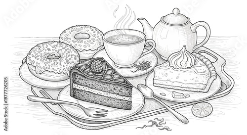 Hand-drawn illustration of a tea tray with pastries, cake, and donuts