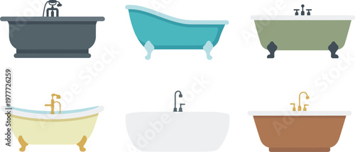 Cartoon bathtubs in colorful vector illustration of bathroom interior design and home decor