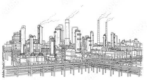 Industrial Complex Outline Drawing: Refinery Plant with Smokestacks and Pipelines