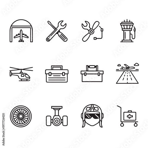 Clean aviation icons set including hangar tools aircraft and pilot