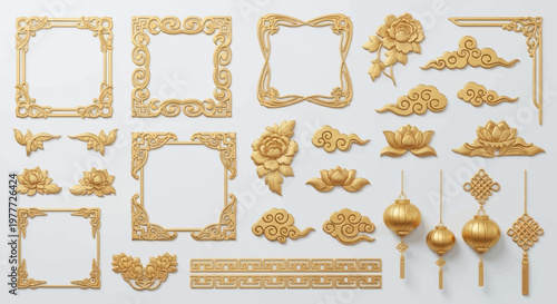 Golden Chinese Decorative Elements: Clouds, Lotuses, Lanterns, Frames, Knots