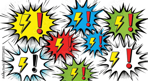 Explosion of Comic Book Style Exclamations with Lightning Bolts and Exclamation Marks