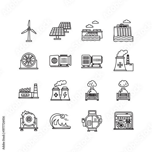 Clean energy sources and power generation icons in a simple graphic style