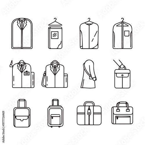 Clean garment bags and luggage icons for travel and laundry services