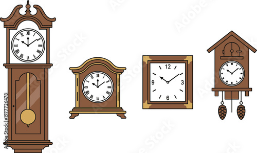 Cartoon clocks in colorful vector illustration of grandfather, wall, mantel, and cuckoo designs