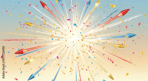 Explosion of Fireworks and Confetti in a Bright Sky