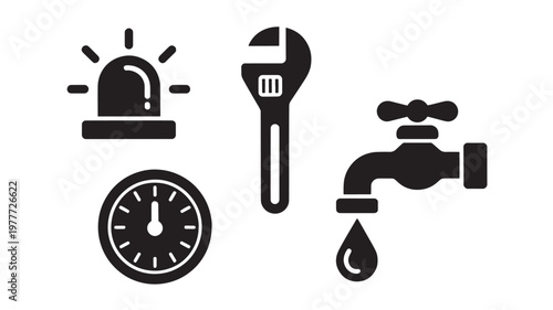 Repair and Maintenance Icons Set with Wrench, Faucet, Alarm Clock and Gauge for Emergency Service Concepts