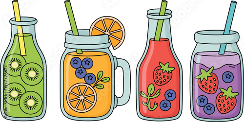 Cartoon fruit juice in colorful vector illustration of fresh drinks and beverages