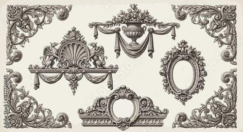 Vintage ornate decorative elements, rococo style frames, cartouches, and borders