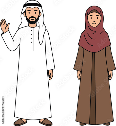 Cartoon Middle Eastern people in colorful vector illustration of traditional attire