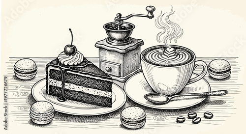 Hand-drawn Coffee Break: Cake, Macarons, and Coffee Grinder Sketch