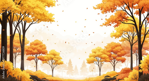Golden Autumn Forest Path with Falling Leaves and Misty Atmosphere