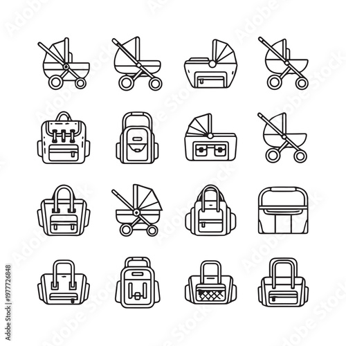 Collection of baby stroller and diaper bag line art icons for parenting needs