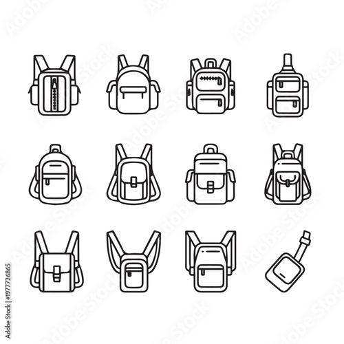 Collection of backpack icons in a clean line art style on a white background