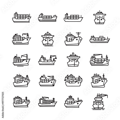 Collection of cargo ships and vessels in a clean minimalist outline style on a white background